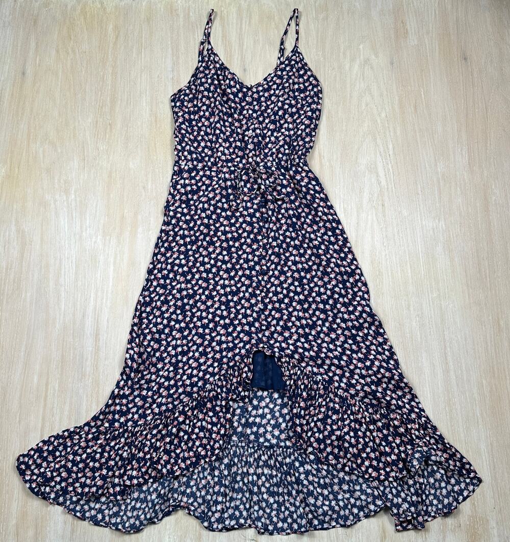 Rails Blue Floral Midi Dress High Low Hem Tie Waist Ruffle Spaghetti Strap XS